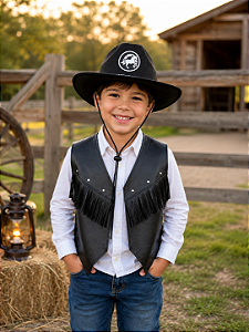 Colete Cowboy Com Chapéu Preto Infantil Unissex Kit 2 Peças