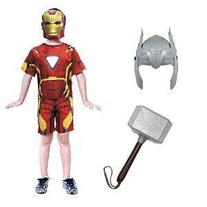Fantasia Homem De Ferro C/ Martelo Thor E Mascaras