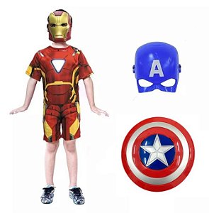 Fantasia Homem De Ferro C/ 2 Mascaras E Escudo Heróis