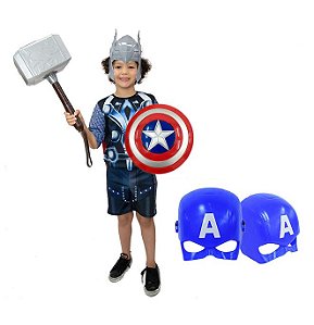 Fantasia Thor Infantil Com Martelo E 2 Mascaras E Escudo