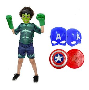 Fantasia Hulk C/ Luvas E 2 Mascaras E Escudo Capitão America