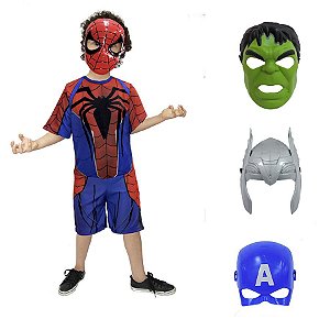 Fantasia Homem Aranha Com Kit 4 Mascaras Vingadores Ultimato