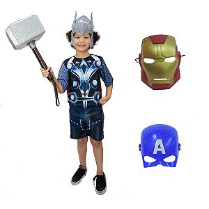Fantasia Thor Com Martelo E 3 Mascaras Herois Avengers Heroi