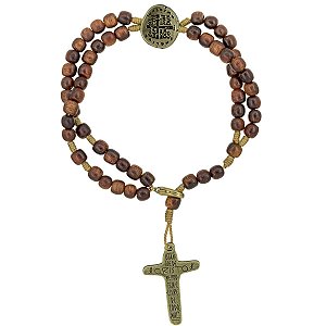 Pulseira Terço com Cruz Medalha das Duas Cruzes - Ouro Velho