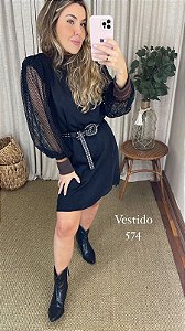 VESTIDO OPEN PRETO GOLA MARROM MANGA TELA - OPEN