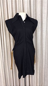 VESTIDO LINHO PRETO AMARRACAO CINTURA - OPEN