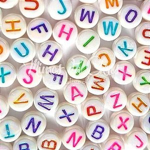 Botão Alfabeto Completo - Branco Cintilante com Letras Coloridas