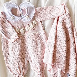 Saída Maternidade Bella em tricot Rosa Bebê(Macacão + Manta)