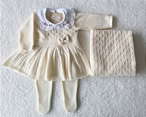 Saída Maternidade Liz Vestido com calça em tricot pérola + manta