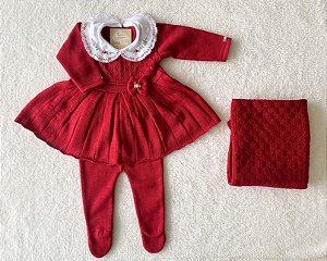 Saída Maternidade Liz Vestido com calça em tricot vermelho + manta
