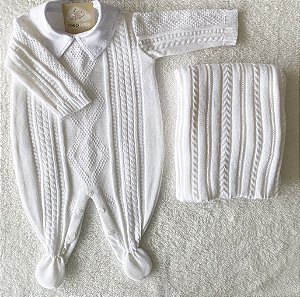 Saída Maternidade Davi em tricot branco(Macacão + Manta)