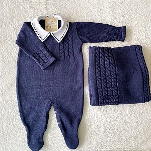 Saída Maternidade Dom em tricot azul marinho(Macacão + Manta)
