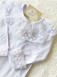 Body manga longa renda e pérolas