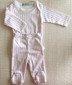 Body manga longa + calça em algodão pima com listras rosas