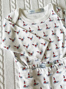 Body manga longa + calça em algodão pima com estampa de farol