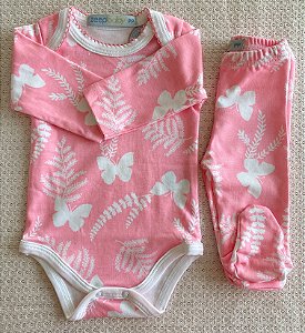 Body manga longa e calça em algodão pima com estampa de borboleta