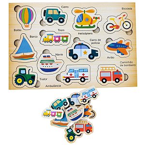 Quebra Cabeça Infantil de Encaixe Madeira 12 Pcs Meios de Transporte Educativo Montessori