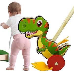 Brinquedo Educativo de Empurrar Dino Rola Coordenação Motora em MDF