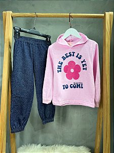 Conjunto de Moletom Infantil - Feminino | C Capuz Rosa Flower