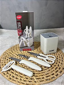 Kit Cozinha com 2 Facas, Tesoura, Descascador e Base