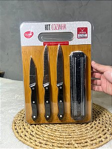 Kit Cozinha Linha Chef Aço Inox 5 Peças – 3 Facas + Tábua + Barra Magnética