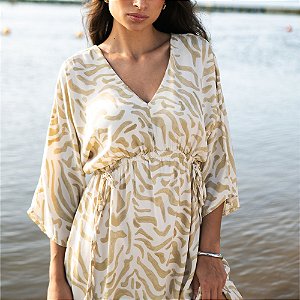 Vestido Curto Crepe Estampado Manga 7/8 Com Ajuste Na Cintura