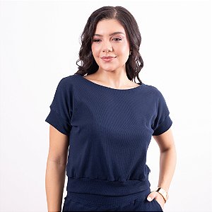 Blusa Canelada Manga Curta Decote Canoa Feminina
