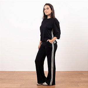 Calça Reta Moletinho Com Listras Feminina