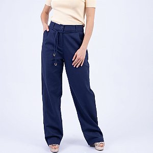 Calça Alfaiataria Reta Em Linho Com Bolsos E Lapelas Feminina