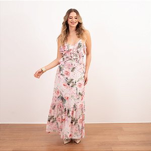 Vestido Midi Em Crepe Floral Com Babados