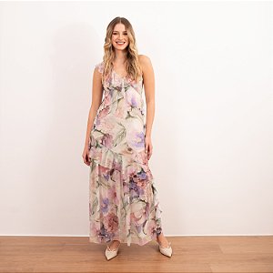 Vestido Tule Floral Com Babados