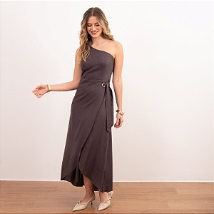 Vestido Midi Assimétrico Com Ilhós e Amarração