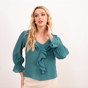 Blusa Decote V Com Babados E Elástico Na Manga Feminina