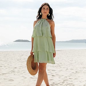 Vestido Curto Bordado com Babados