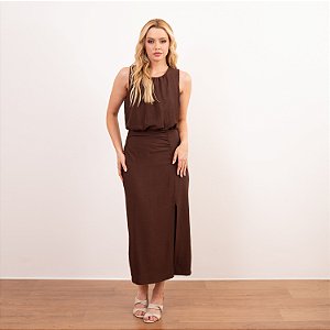 Vestido Longuete Drapeado Com Fenda Na Lateral