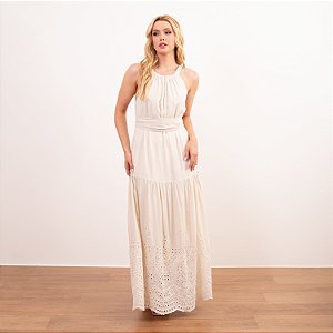 Vestido Longo Com Faixa E Barra Laise Bordado