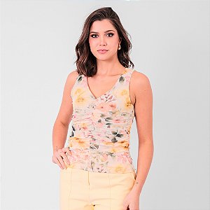 Blusa Tule Estampado Com Franzido Feminina