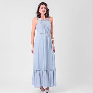 Vestido Longo Com Pregas E Detalhe Em Renda