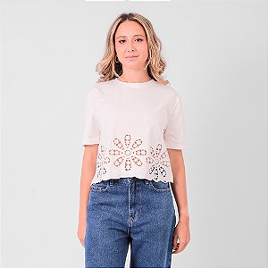 Blusa Manga Curta Com Bordado Frontal Feminina