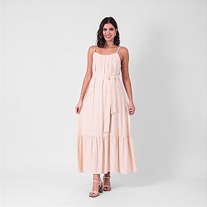 Vestido Longo Bordado com Alça e Faixa