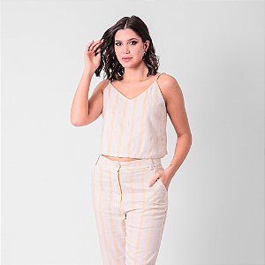Blusa Curta Em Linho Decote V Listrado Feminina
