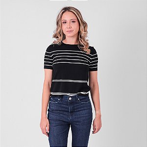 Blusa Tricot Com Listras Manga Curta Feminina