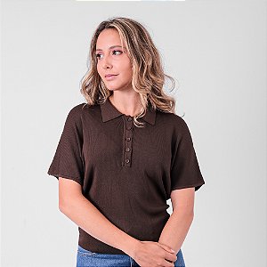 Blusa Tricot Gola Polo Manga Morcego Feminina