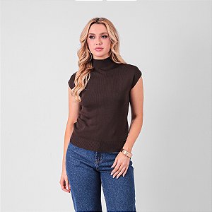 Blusa Tricot Gola Alta Sem Manga Feminina