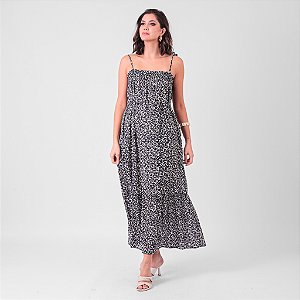 Vestido Midi Com Bolsos Estampa Liberty Decote Com Elástico E Alça Com Amarração E Faixa
