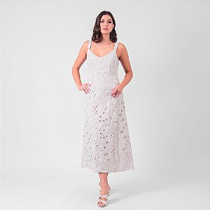 Vestido Longuete Listrado Com Bordado E Recortes