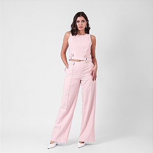 Calça Alfaiataria Reta Com Lapelas E Botões Forrado Feminina
