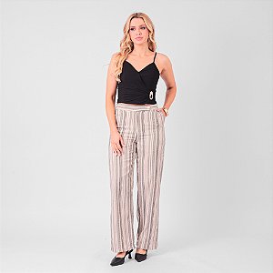 Calça Em Linho Listrado Com Bolsos Feminino