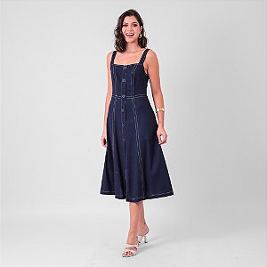 Vestido Midi Em Linho Com Botões E Pespontos Contrastante