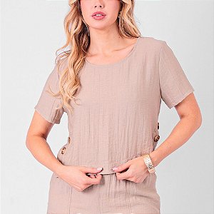 Blusa Decote Redondo Com Abertura E Botões Nas Laterais Feminina